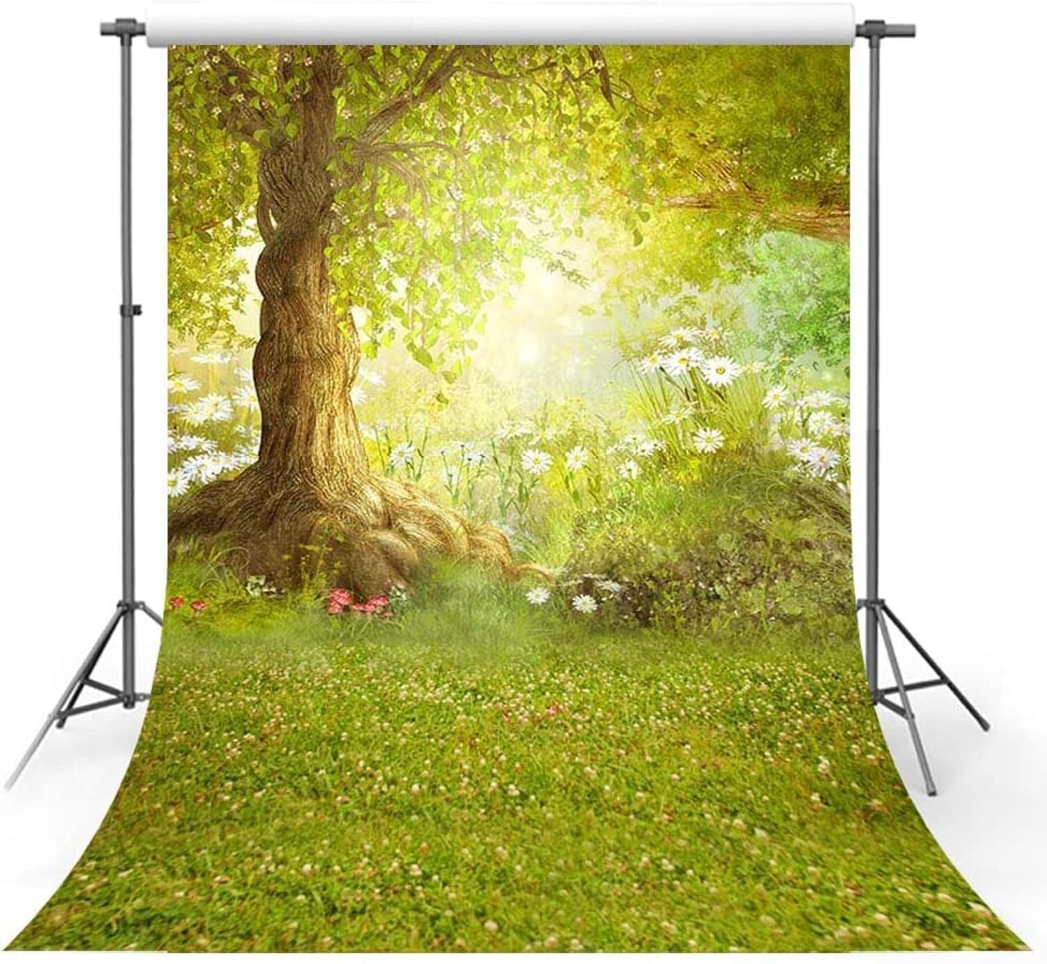 MEHOFOTO Spring Photography Backdrop Easter Woodland Big Tree Meadow Grass White Flower Fairy Tale Photo Studio Booth Background 5x7ft