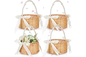 Thyle 4 Pcs Flower Girl Baskets with Handle, 7.87 x 4.33 Inch, Wicker Rattan, Lightweight, Brown(White Ribbon,Pearls)