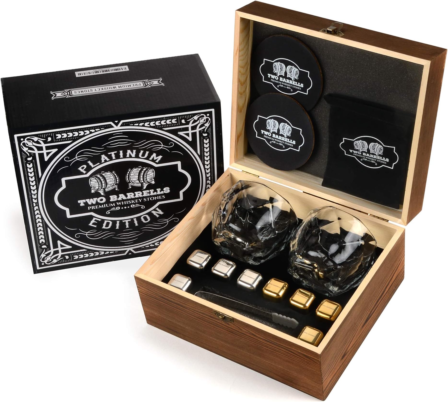Whiskey Stone Gift Set, Reusable, Gold & Silver, Stainless Steel, with Tongs, Includes Travel Pouch & Coasters