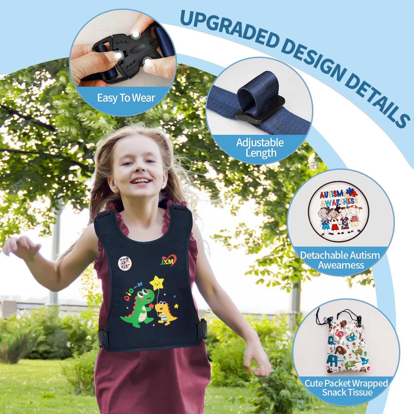 JXM Safety Harness for Active Childs with Quick Grab Handle, Teens Youth Secure Walking Harness with Autism Awareness and Pouch, Adjustable Tether Leash for Autism ADHD Special Needs Child Kids