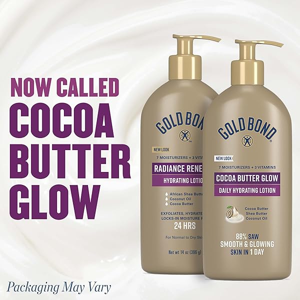 GOLD BOND COCOA BUTTER GLOW DAILY HYDRATING LOTION WITH SHEA BUTTER, COCOA BUTTER & COCONUT OIL, EXFOLIATING MOISTURIZER FOR DRY SKIN, 14 OZ.