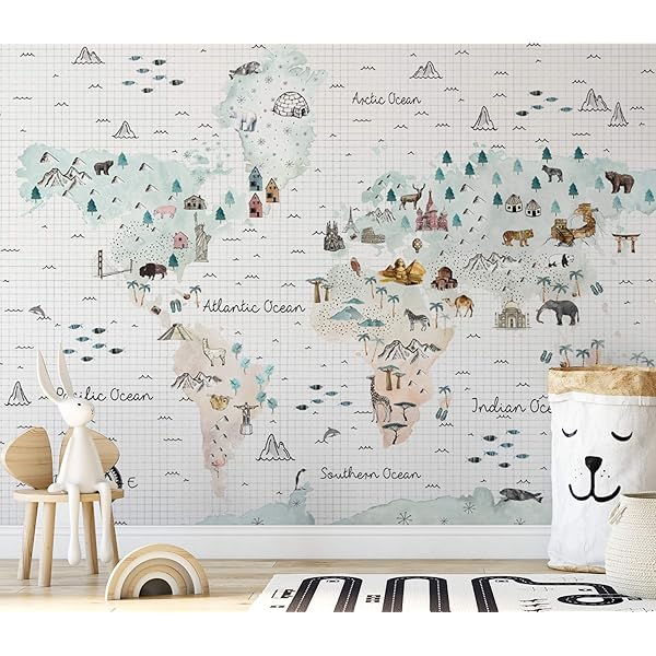 World Map Wall mural , Children Map with animal map wallpaper, Nursery