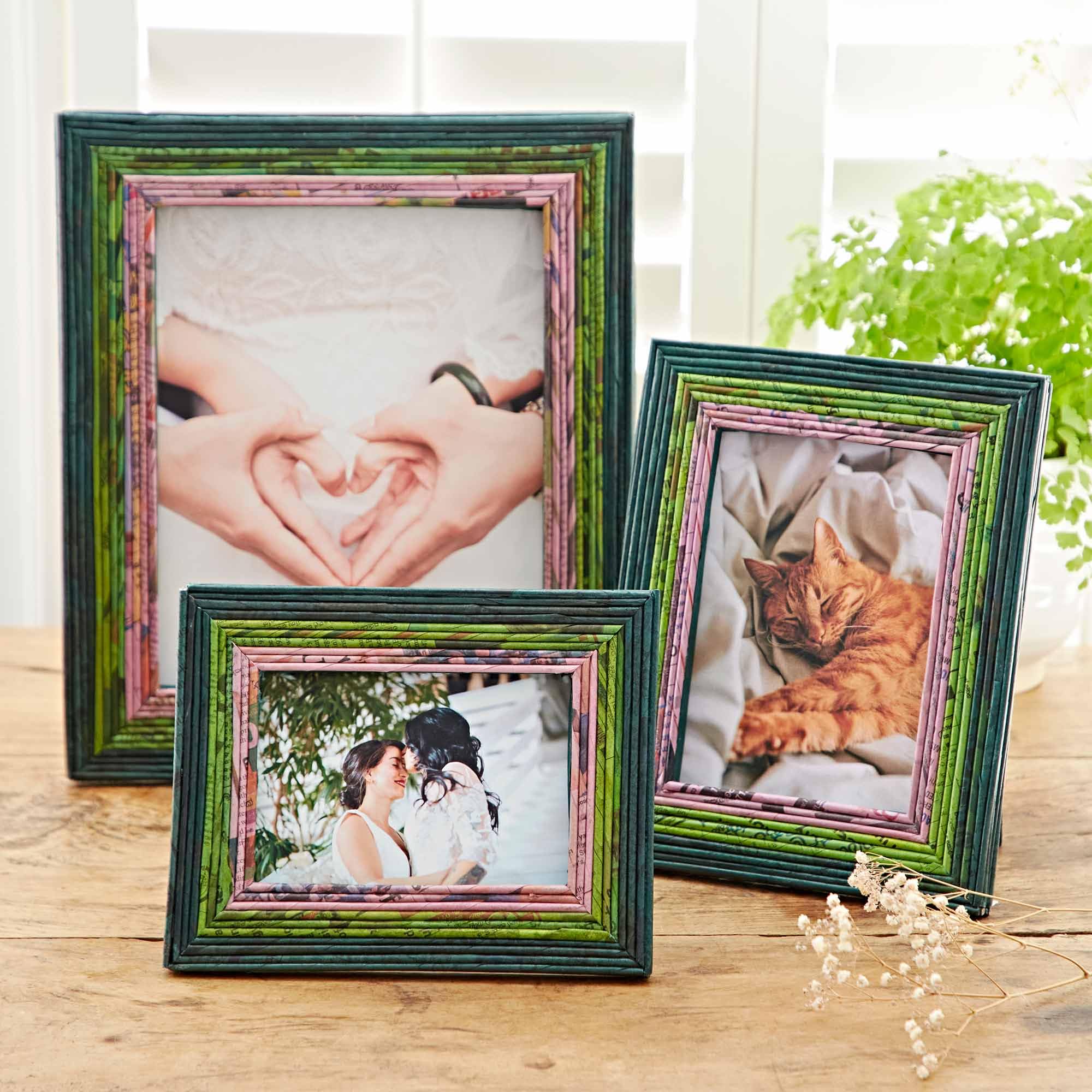Recycled Newspaper Photo Frame - Dark Green/Light Green/Lilac | 7 x 5 Inches | Sustainable Picture Frame | Handmade Colourful Frames | Fair Trade Gifts for Men and Women