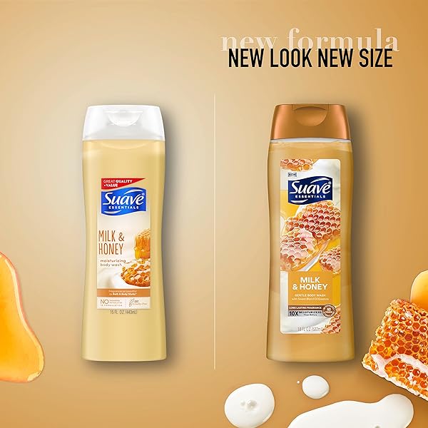SUAVE ESSENTIALS GENTLE BODY WASH, WITH A SWEET OIL BLEND ESSENCE, MILK & HONEY INFUSED WITH VITAMIN E & HONEY EXTRACT 18 OZ