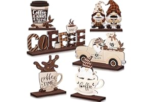 BLOSSSOUND BlossomSound 6 Pcs Farmhouse Coffee Bar Decor - Gnomes, Rustic Table Signs & Wood Tiered Tray Centerpiece for Coffee Station