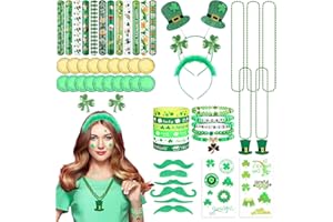 MAPVOLUT 58Pcs St Patricks Day Party Favors Set with Headband Rubber Bracelets Mustaches Temporary Tattoos Necklaces, St Patrick's Day Accessories for Irish Party Supplies Parades Decorations Gifts