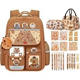 EGOUE Waterproof Capybara Backpack，Large-capacity Kawaii capybara bag with 31-Piece Accessories (Pencil case, notebook, sticky notes, lunch bag, gel pen and others)