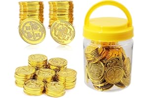 Mczxon Plastic Gold Pirate Coins 100 Count, Pirate Treasure Play Golden Replica Spanish Doubloons Coins with Jar, Small Plastic Play Gold Pirate Tokens Coins Toy for Kids Party