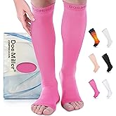 Doc Miller, Open Toe Compression Socks, 8-15 mmHg, Toeless, Support Circulation, Shin Splints, Calf Recovery, Varicose Veins, Knee High, Medical Grade, Pink Socks, Large Size for Men & Women, Pair