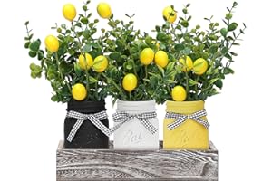 MARACCO Lemon Mason Jars Centerpiece, Wood Tray with 3 Painted Jars for Dining, Coffee Table, Kitchen, Living Room, Spring Mason Jar Décor