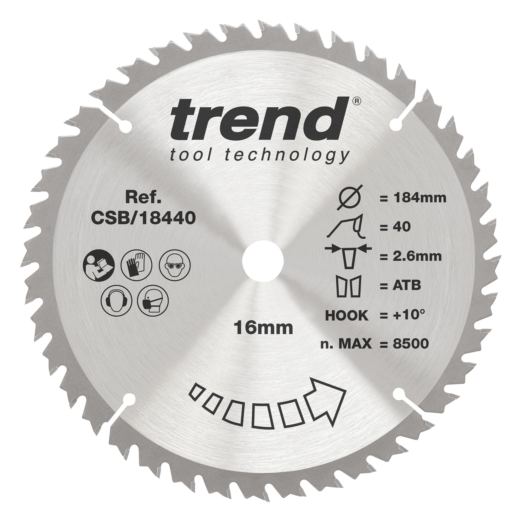 Trend Wood Circular Saw Blade, 184mm Diameter, 16mm Bore, 40 Teeth, 2.6mm Kerf, +10° Hook, TCT, Fine Finish, CSB/18440