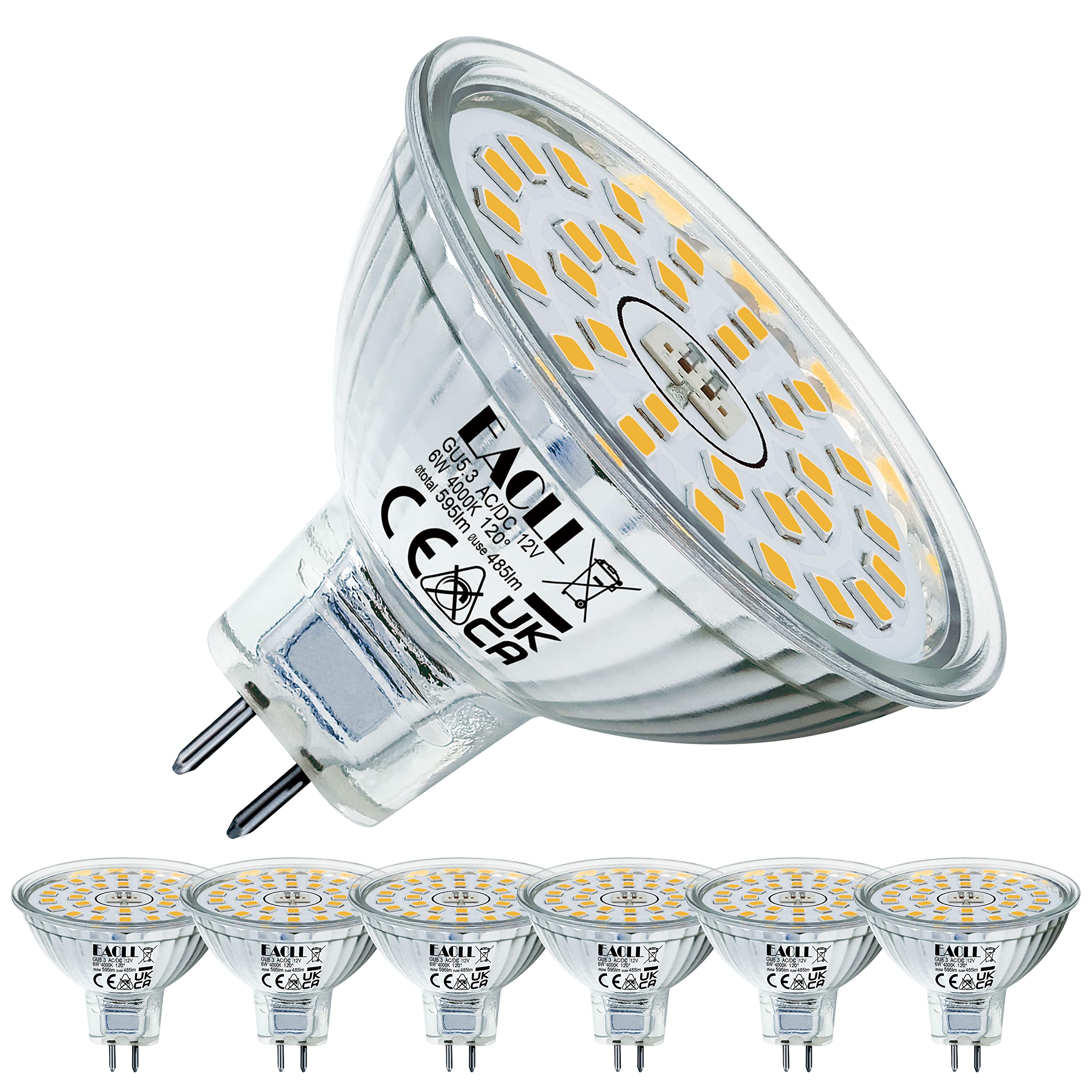 EACLL GU5.3 LED 6W Neutral White Light Bulb 595 Lumen Bulbs Replace 50W 4000K MR16 Halogen, AC/DC 12V, Non-Dimmable, 120°Wide Beam Angle, Flicker-Free Reflector Spotlight, Pack of 6