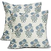 Sweetshow Blue Floral Throw Pillow Covers 20x20 Light Blue Green Chinoiserie Flowers Leaves Birds Decorative Pillows Outdoor Linen Farmhouse Cushion Case Pillowcase Sofa Bed Room Decor Set of 2