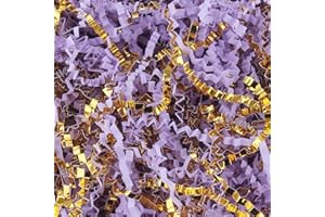 LDKGHE 4 oz Crinkle Cut Paper Shred Filler for Gift Wrapping Baskets Filling Box Birthdays Christmas Thanksgiving Easter Weddings Valentines Mother's Day Anniversaries (Lavender purple and Gold)