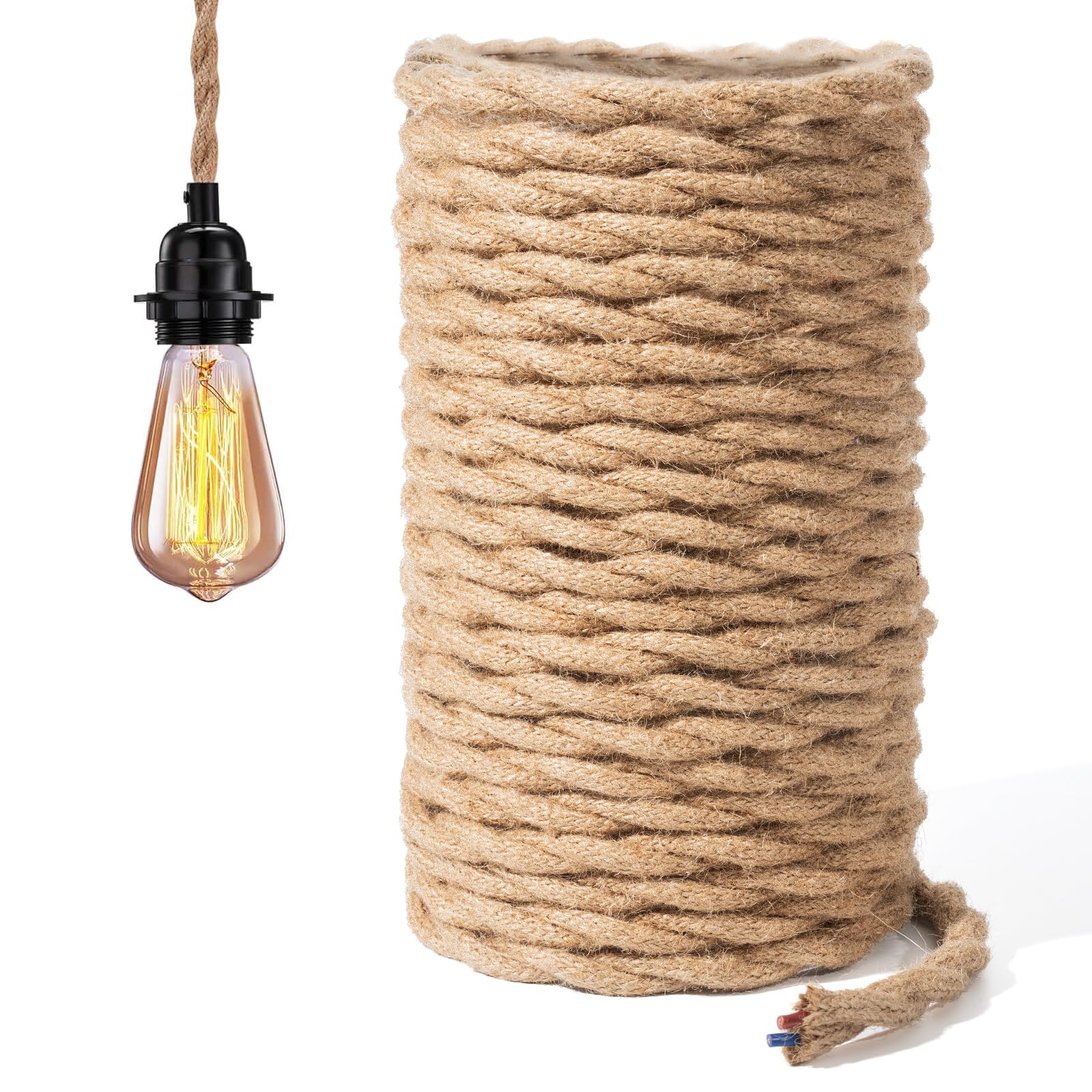 GreenSun LED Lighting Cable, 20M(65.6ft) 2 Core 0.75mm² Copper Wire, Vintage Twisted Fabric, for DIY Industrial Light Pendant Lamp