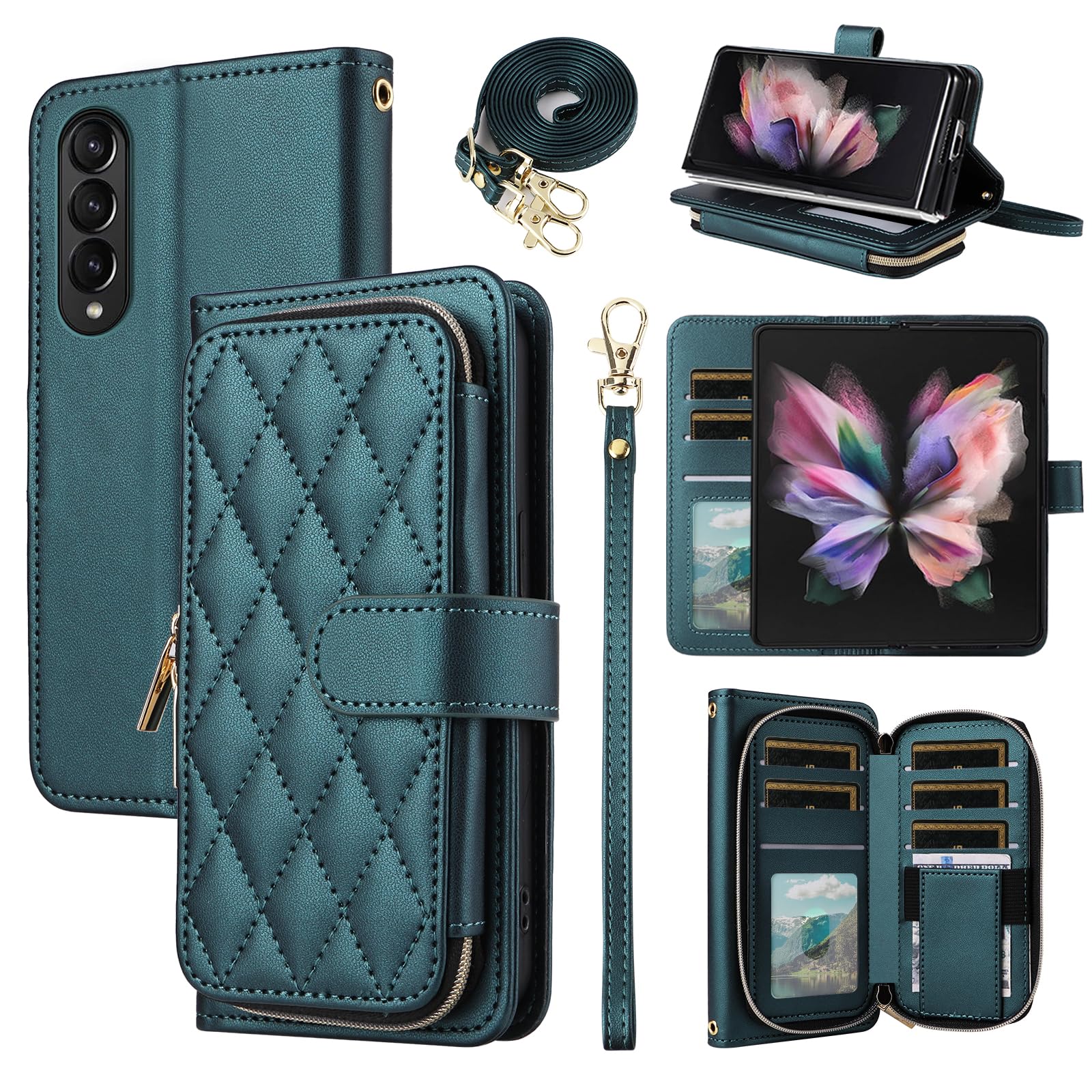 Furiet Wallet Case for Samsung Galaxy Z Fold 4 5G 2022 with Wrist Strap Crossbody Shoulder Strap, 9+ Card Slots Zipper Purse, Luxury PU Leather Stand Phone Cover for ZFold4 Z4 Fold4 4Z ZFold45G Green
