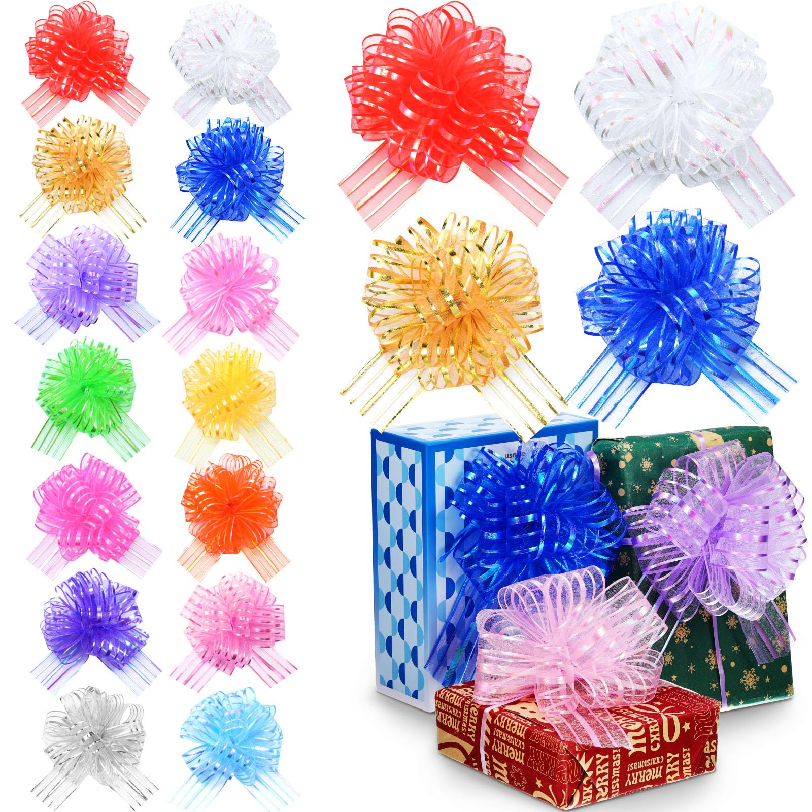 Pull Bow Large Organza Wrapping Pull Bow with Ribbon for Wedding Gift Baskets, 6 Inches Diameter Multicolor (14 Pieces)