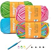 FREEASYFAR 4x50g Beginner Crochet Yarn for Crocheting and Knitting; Beginner Easy Yarn kit with Tool Set (Rainbow+Strawberry+