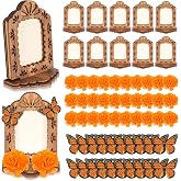 Thyle 60 Pcs Dia De Los Muertos Decorations Picture Frames Kits Day of The Dead Ofrenda Altar with 10 Wooden Photo Frames 30 Artificial Marigold Flower 20 Butterfly for Day of The Dead Decoration