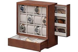 SONGMICS 12-Slot Watch Box, Watch Display Case with Window, Solid Wood Veneer, Velvet Lining, Vertical Storage, Space Saving,