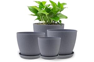 KPUVX Plant Pots- 8.5/7.5/6.5/6 Inches 4 Pack Plastic Plant Pots,Indoor Decor Flower Pots with Drainage Holes and Tray,Home Decor Planters for Indoor Plants Cactus, Succulents Pot(Gray)