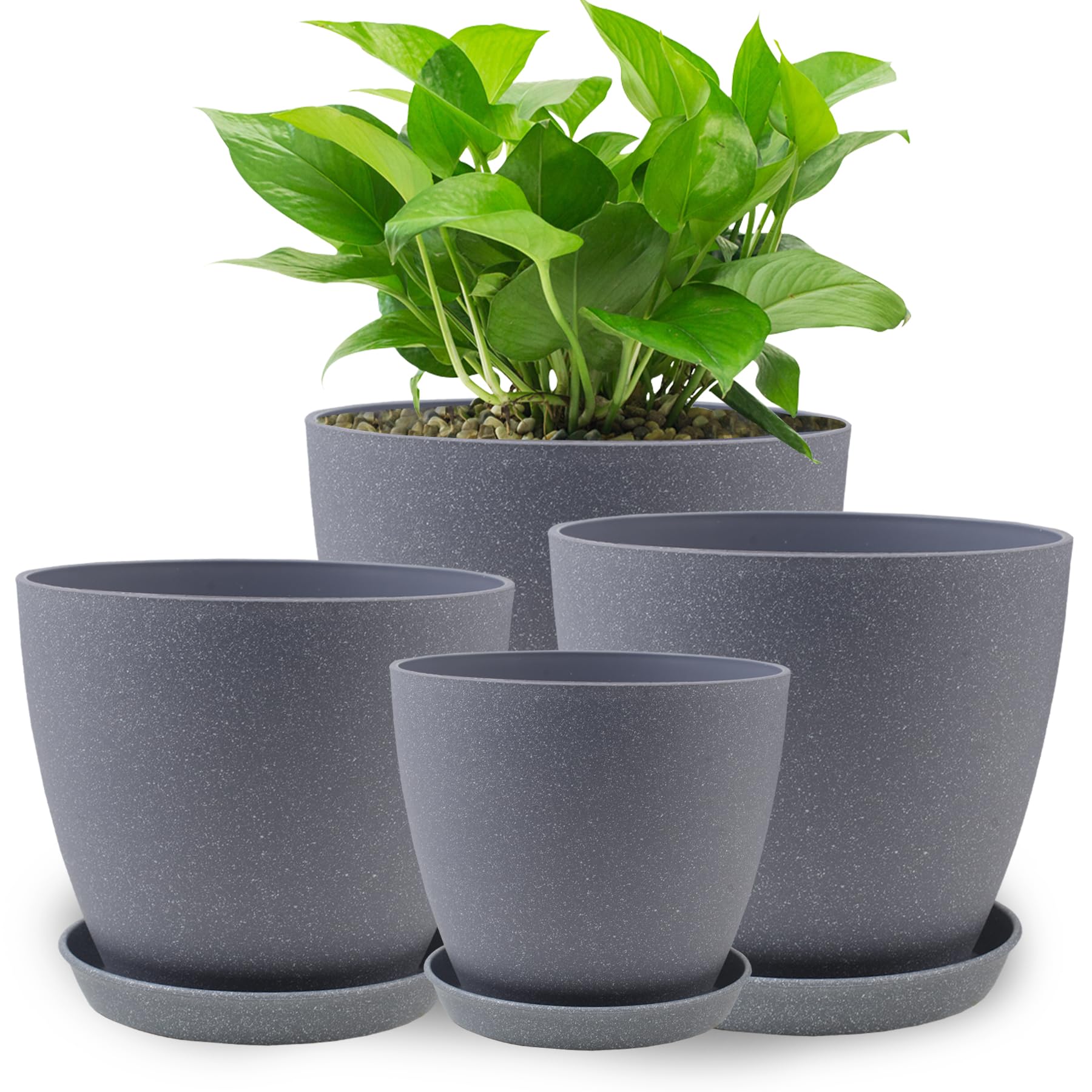 Photo 1 of KPUVX Plant Pots- 8.5/7.5/6.5/6 Inches 4 Pack Plastic Plant Pots,Indoor Decor Flower Pots with Drainage Holes and Tray,Home Decor Planters for Indoor Plants Cactus, Succulents Pot(Gray)