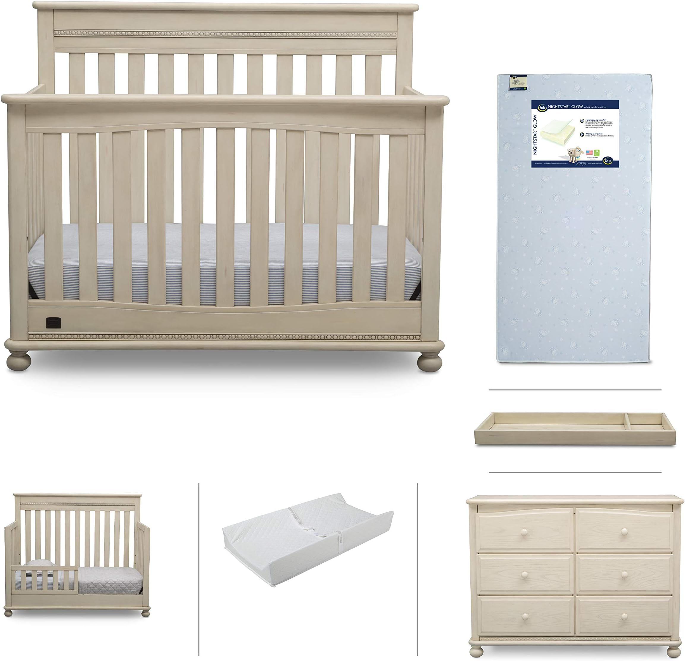 Baby Nursery Furniture Set - 6 Pieces Including Convertible Crib, Dresser, Crib Mattress, Toddler Rail, Changing Top, Changing Pad - Simmons Kids Franklin Antique White
