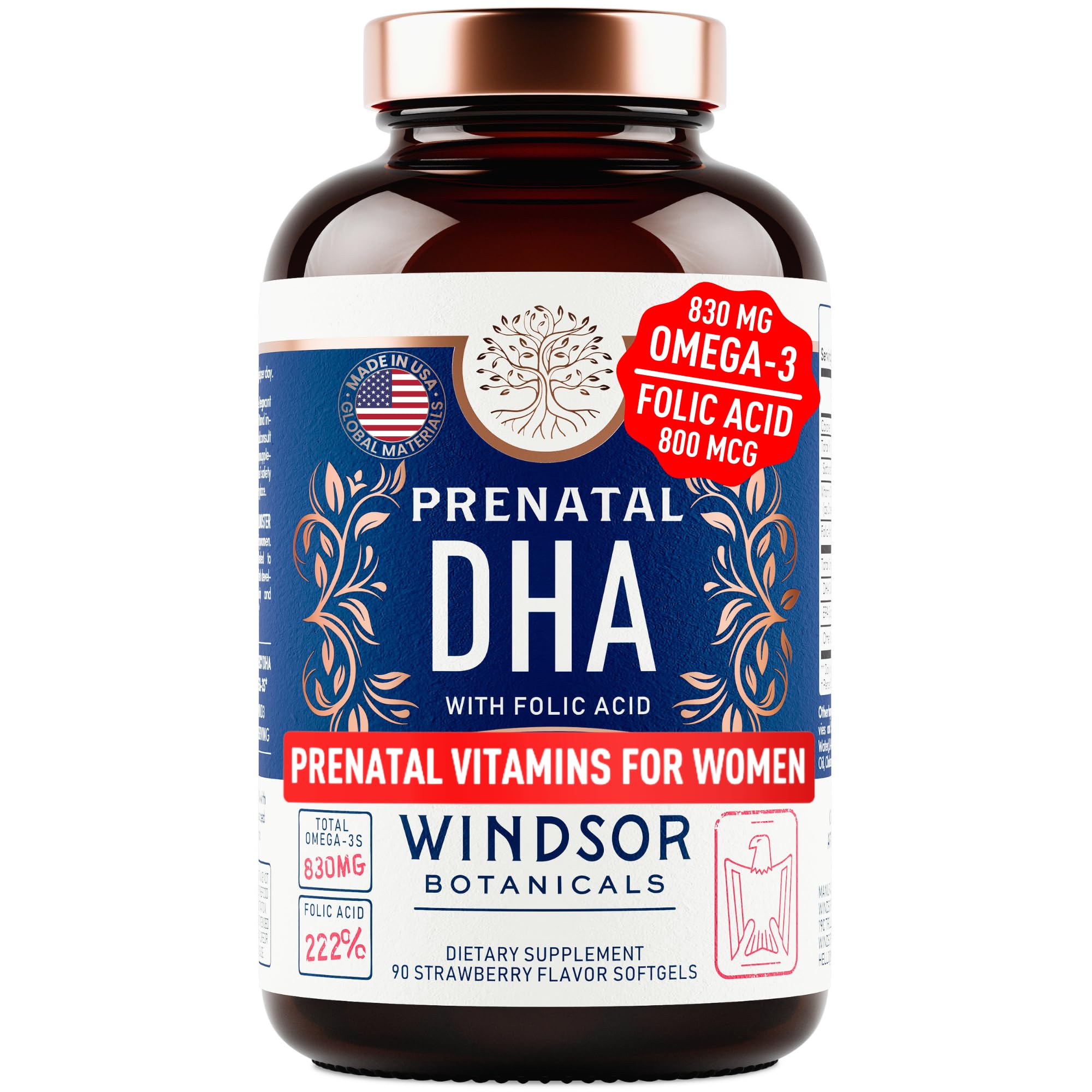 Prenatal DHA and Folic Acid - 830mg Omega-3 (DHA + EPA Fish Oil), 800mcg Folic Acid - High-Potency Prenatal Vitamins for Women - Supports Fetal Development & Baby’s Brain - 90 Strawberry Softgels