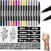 Oiomniv Temporary Tattoo Markers, 15PCS Body Markers Dual-End for Kids Adults, 62 Tattoo Stencils Temporary Tattoos Stickers,