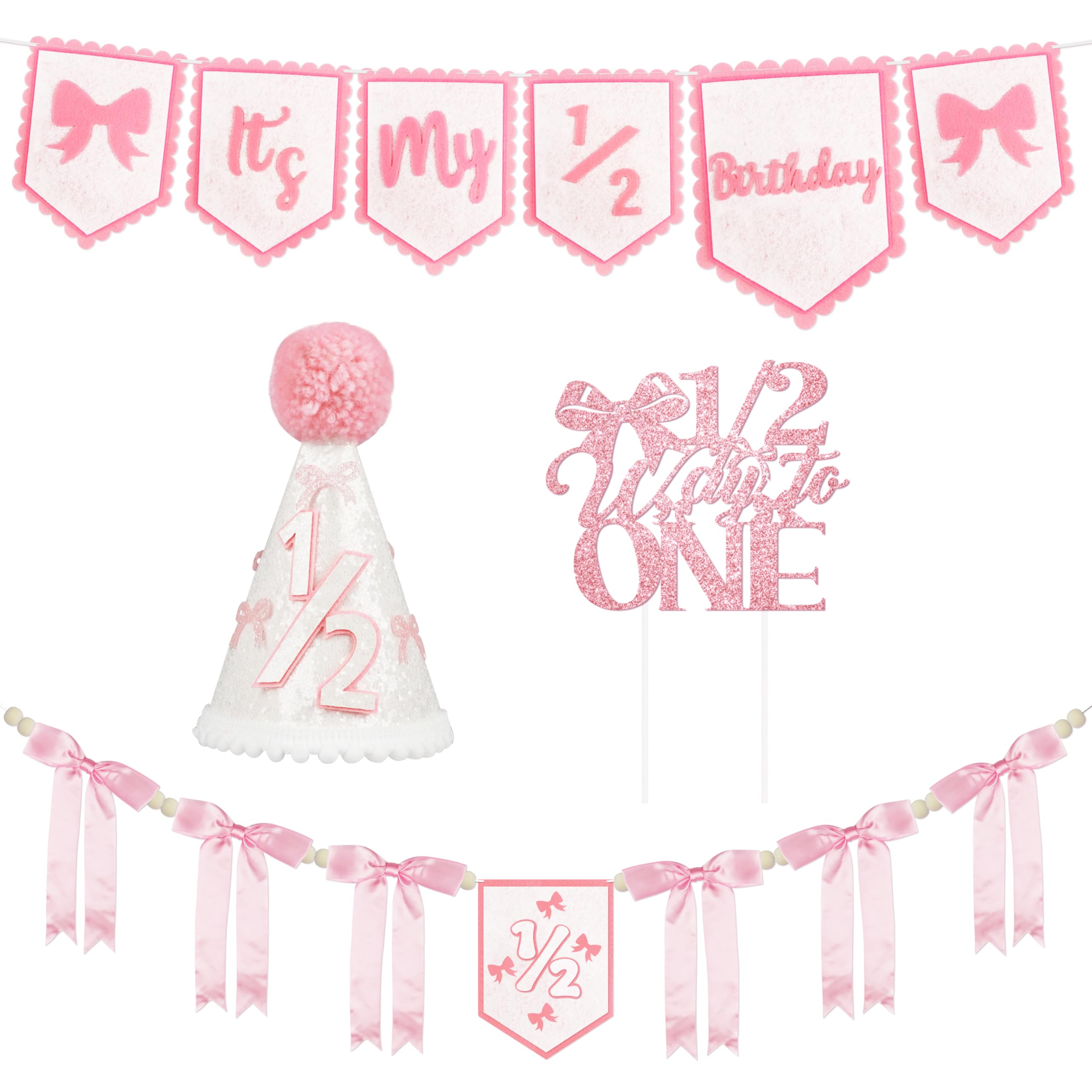 Photo 1 of 1/2 Birthday Girl Half Birthday Decorations Pink Bow It's My 1/2 Birth Banner Glitter Cake Topper Ribbon Bow Wood Bead High Chair Banner & Cone Hat 6 Months birthday Decorations Party Supplies (Pink)