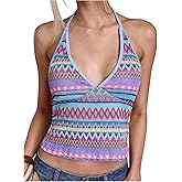 RoseSeek Women's Colorful Boho Halter Tops Fitted Backless Crop Tops Vacation Beach Wear
