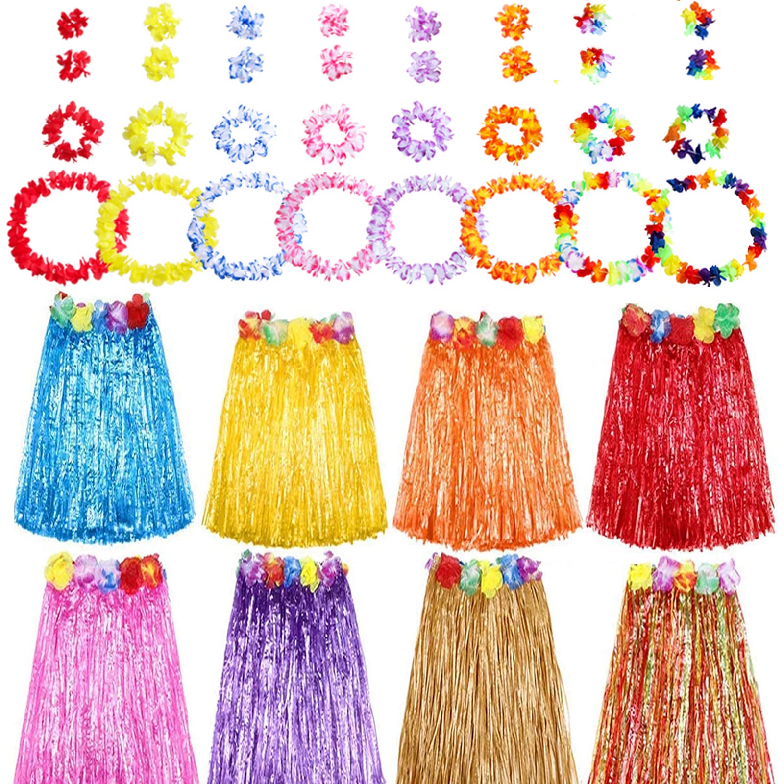 HBell 8 Set 40PCS Hawaiian Grass Skirt Garlands,Hawaiian Leis Bracelet Headband Necklace,Hawaii Luau Skirts Costume Fancy Dress,Only for Teens & Adults Summer Beach Tropical Party Decorations — image 1
