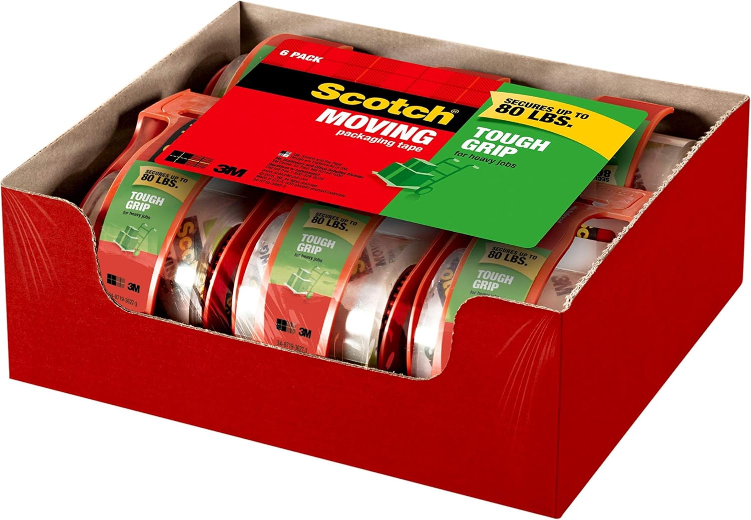 Scotch Tough Grip Shipping Packaging Tape, 6 Rolls with Dispenser, 1.88" x 22.2 Yards, 1.5" Core, Great for Packing, Shipping & Moving, Clear (150-6) : Office Products