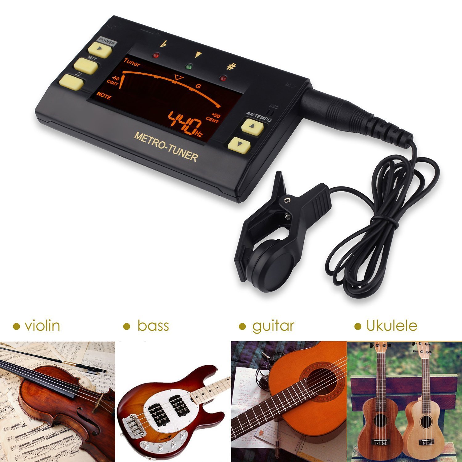 Mugig Metronome, Digital Tuner, Tone Generator 3 in 1 Multi-Instrument Device for Guitar, Bass, Violin, Ukulele, Chromatic Tuning, Large LCD Display, 8 Rhythms 30-250 BPM, Pickup & Battery Included