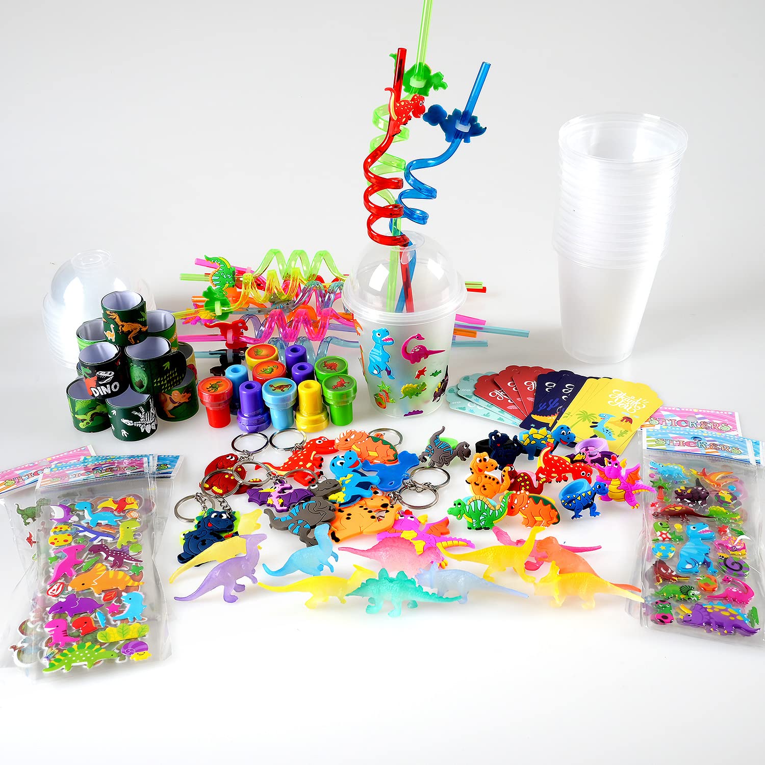 MOVINPE Dinosaur Party Favors Personalize Goody Cups with Gift Tags, Filled with Dinosaur Themed Reusable Straws Stampers Luminous Dinos Figure Slap Bracelets Keychains Rings 3D Stickers for Kids
