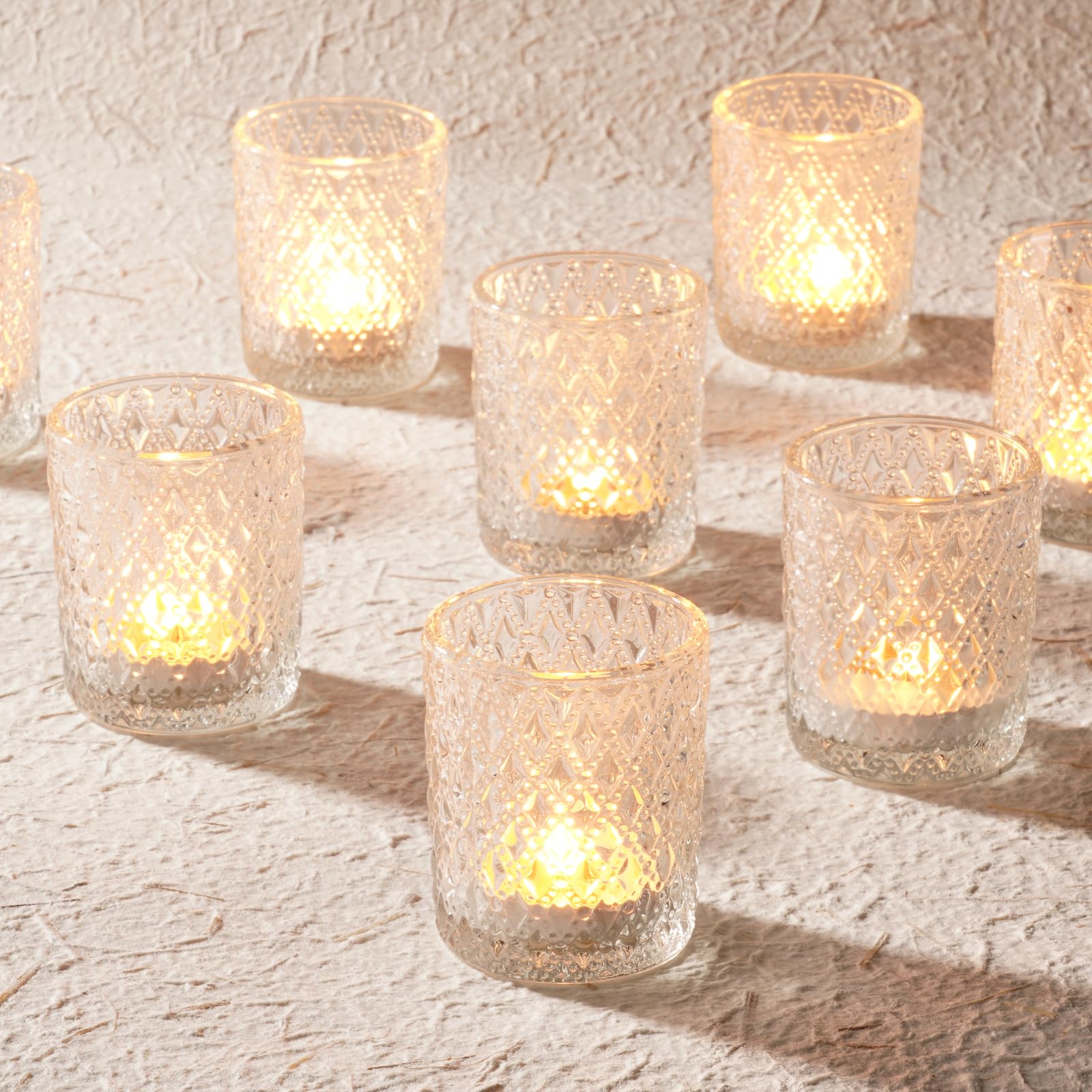 Photo 1 of Homemory 12 Pack Clear Glass Votive Candle Holders, Tealight Candle Holder, Vintage Candle Holders Bulk for Table Centerpieces, Christmas, Baby Showers, Birthday, Wedding, Party