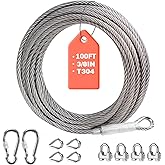 LAKNUAL 3/8" Stainless Steel Wire Rope, 304 Stainless Steel Cable with Loop, 12000 lbs Breaking Strength 100ft Wire Rope with Clips and Thimbles for Boat Lifts, Zipline, Aircraft, Winch, Decking