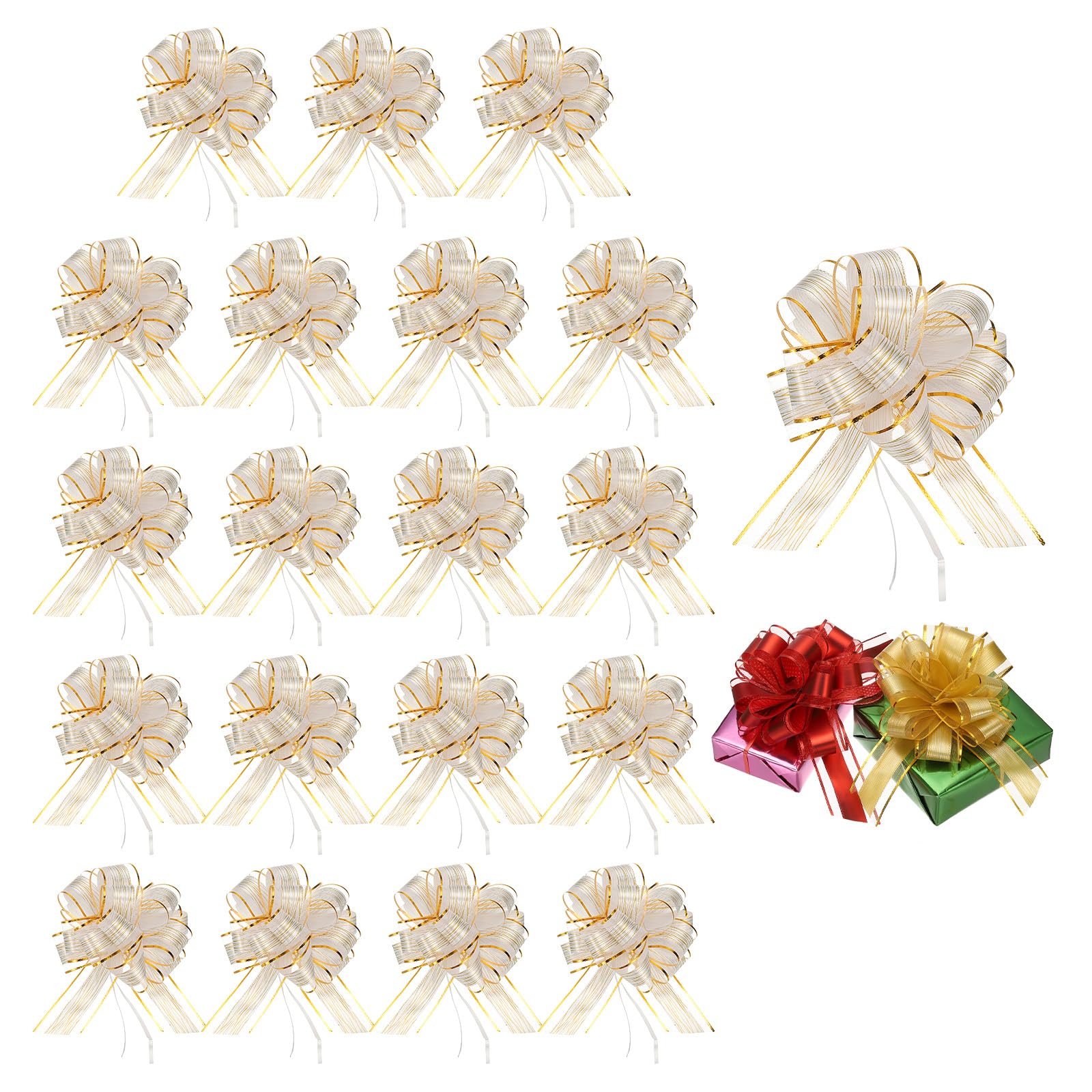 PATIKIL 20 Pcs Large Pull Bow Gift Wrapping, 9 Inch Ribbon Organza Metallic White Bows for Gift Wrapping Wedding Baskets Car