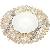 Cedilis 12 Pack Gold Placemat, 14.5 inch Vinyl Leaf Round Table Placemat, Non-Slip Dinning Table Mats for Wedding Accent Cent