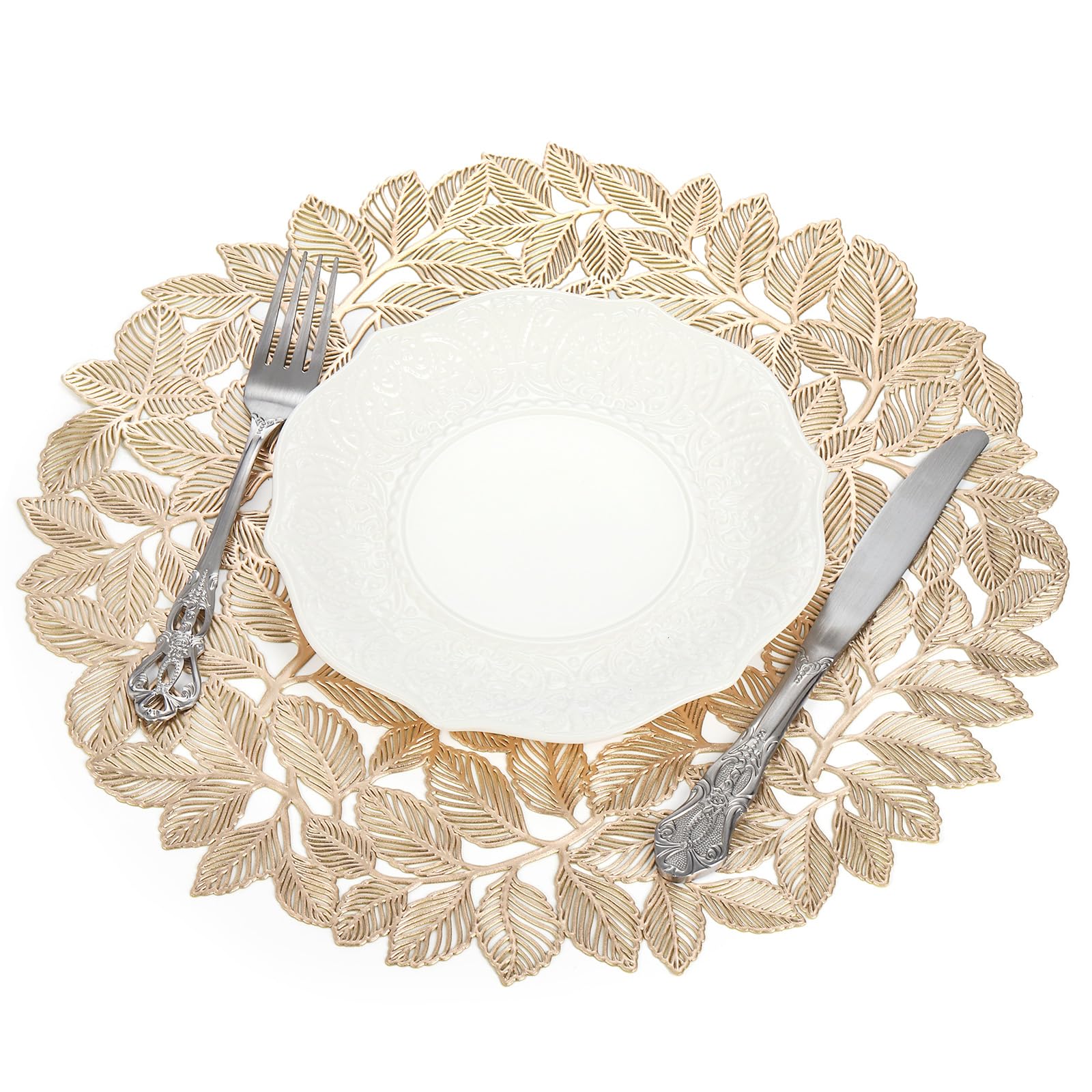 Cedilis 12 Pack 37 cm Gold Placemat, Vinyl Leaf Round Table Placemat, Non-Slip Dinning Table Mats for Wedding Accent Centerpiece, Thanksgiving Party