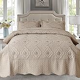 Cmfshape Floral Embroidery Quilt Set,3 Pieces Queen Quilt Bedding Set,Classic Diamond Pattern Quilts,Ultra Soft Lightweight Reversible Bedspread Coverlets for All Season(Taupe,90"x90")