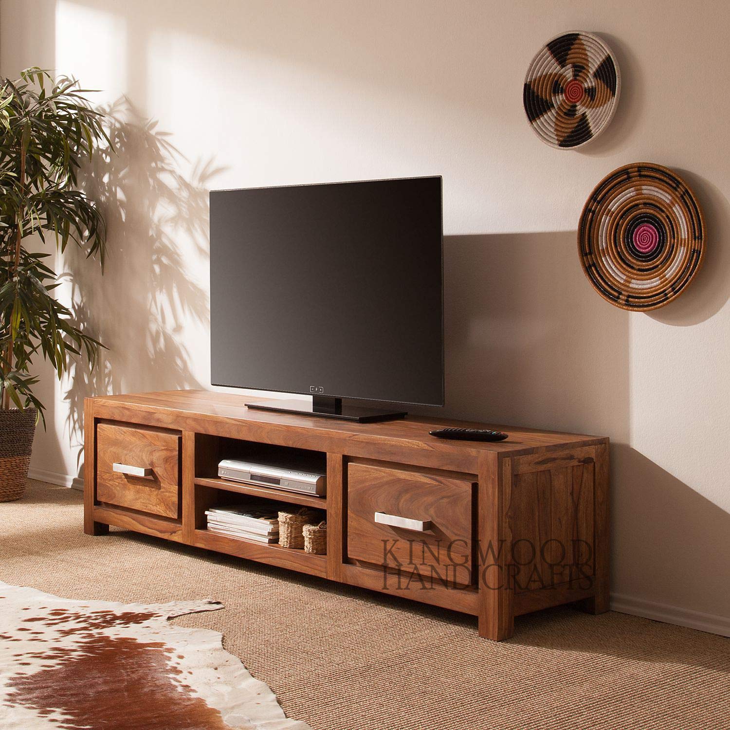 KINGWOOD FURNITURE Sheesham Wood Honey Finish TV and Entertainment Unit with 2 Drawer