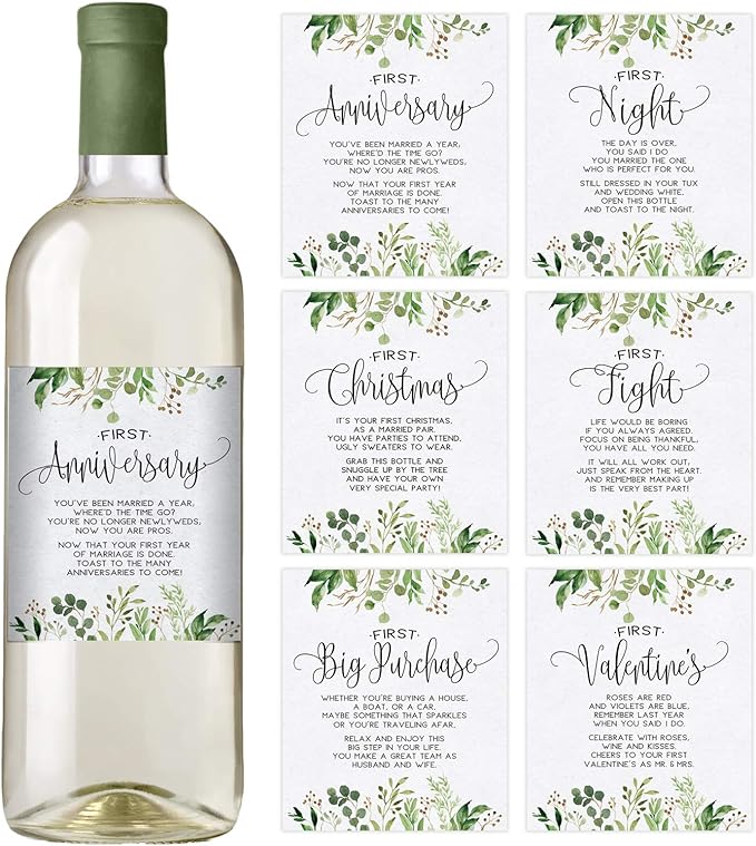 Amazon Com Greenery Wedding First Wine Bottle Labels Set Of 6 Waterproof Wine Bottle Labels Wedding Gift Marriage Milestones Wedding Firsts Bar Tools Drinkware