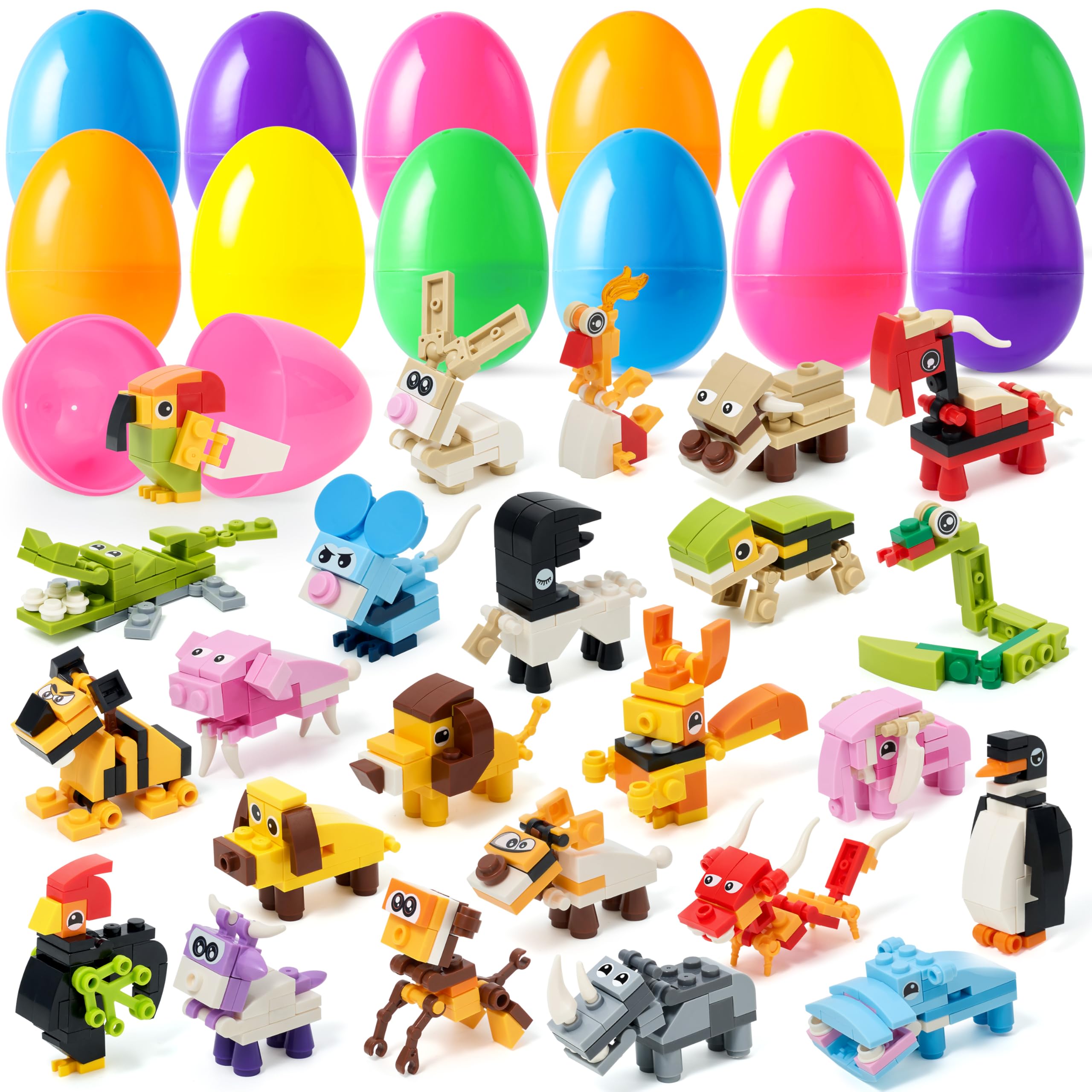 JOYIN 24 Packs Prefilled Easter Eggs with Toys, Cute Animals Building Blocks 3.23" for Basket Stuffers, Kids Party Favors, Egg Hunt, Classroom Events