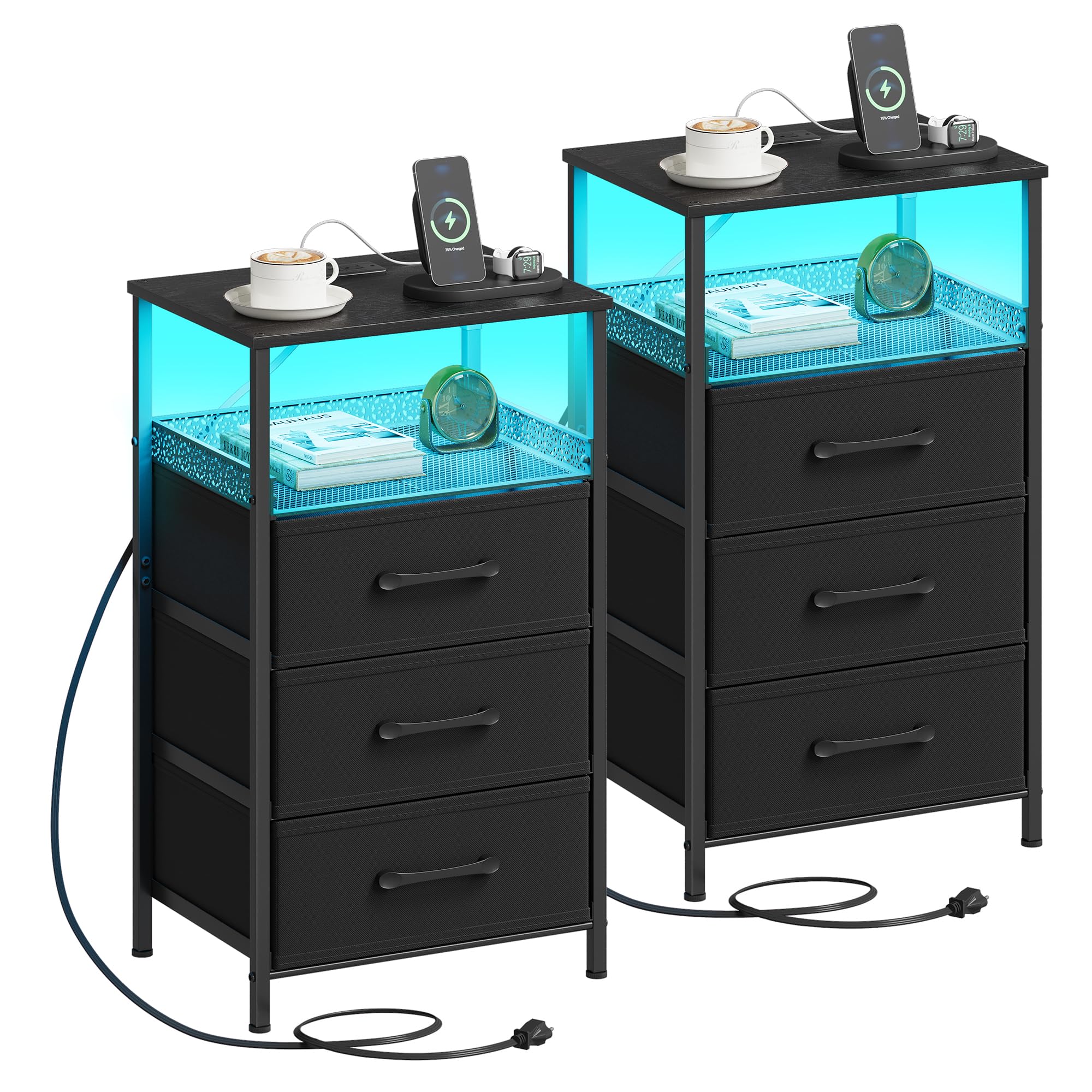 Photo 1 of **UNKNOWN MISSING PIECES**JARHETUN Night Stand Set 2 with Charging Station, 3 Drawer Nightstands with LED Lights, End Table with Outlets and USB Ports, Side Table with Open Shelf, Bedside Tables for Bedroom, Black