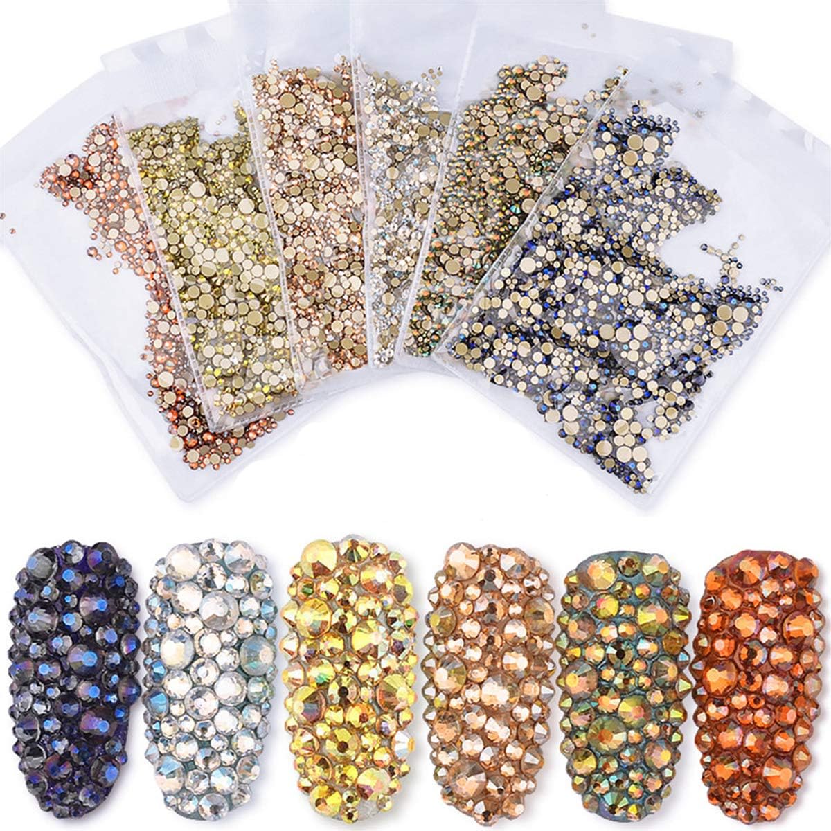 6Packs Gold Flatback AB Glass Nail Rhinestones Mixed Sizes Nail Art Decoration Stones Shiny Gems Manicure Accessories Tools (1440pcs/Pack)