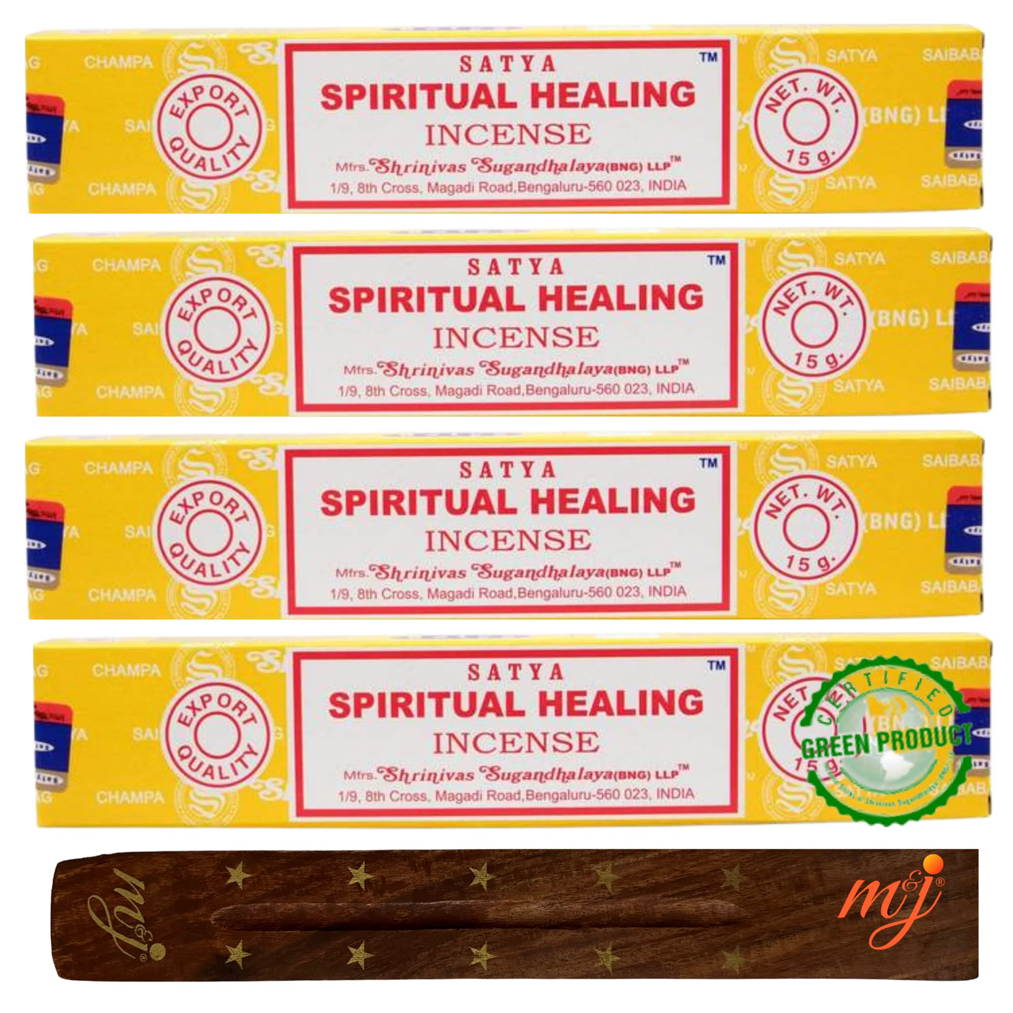 Original Satya Nag Champa Spiritual Healing Incense Sticks | with M&J incense sticks holder | x4 pack | for Aromatherapy, Spa, Yoga, Weddings, Meditation, Healing, Positivity and Relaxation — image 1