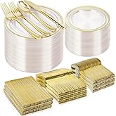 BESTVIP 600PCS Clear Gold Plastic Plate Set (100 Guests), Plastic Plates for Party Wedding Birthday, Disposable Dinnerware Set of 200 Plates, 200 Forks, 100 Spoons, 100 Knives for Christmas
