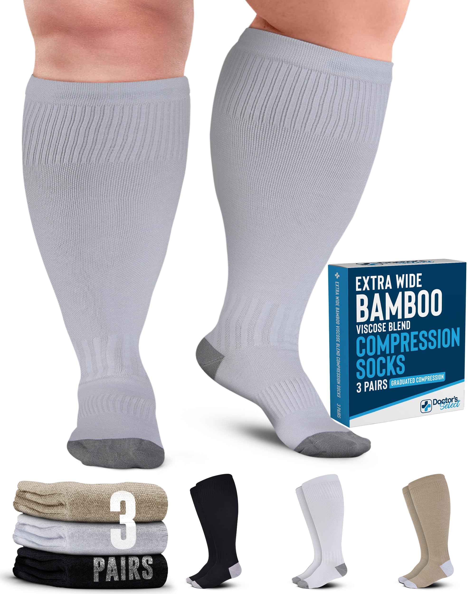Photo 1 of Doctor's Select 3 Pairs Plus Size Compression Socks Wide Calf | Bamboo Viscose Knee High Socks for Circulation Support | Black, White, Tan