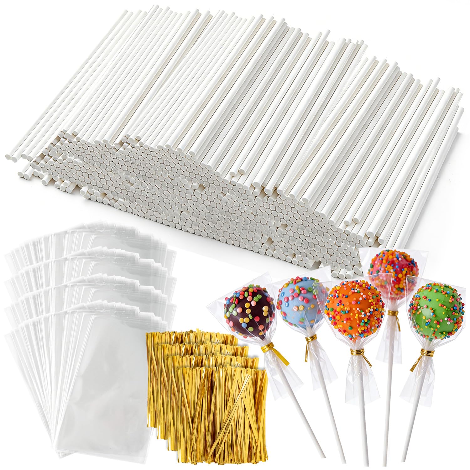 Photo 1 of 1200Pcs White Lollipop Sticks, 6IN Cake Pop Sticks with Clear Treat Bags & Gold Twist Ties for Candy Making Accessories